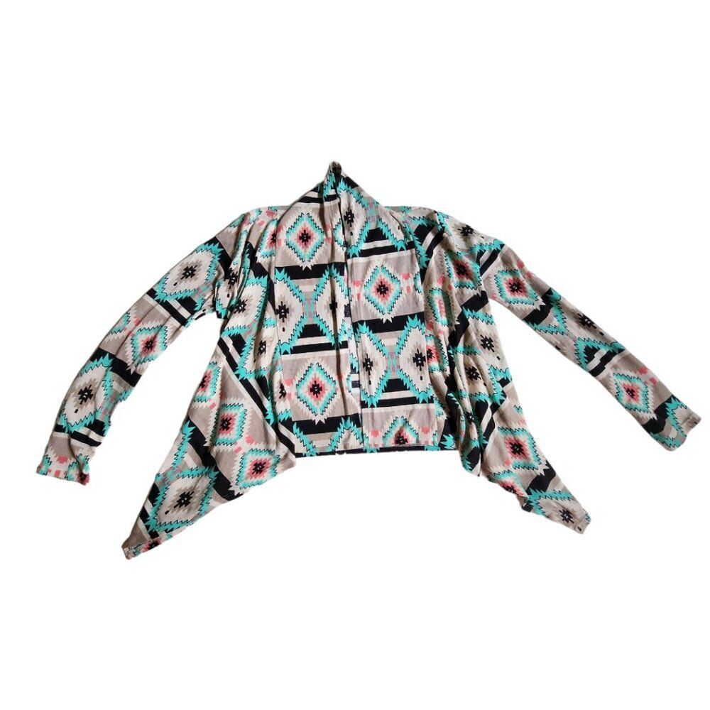 Living Doll grey white black multi color Aztec print open front cardigan sz S
